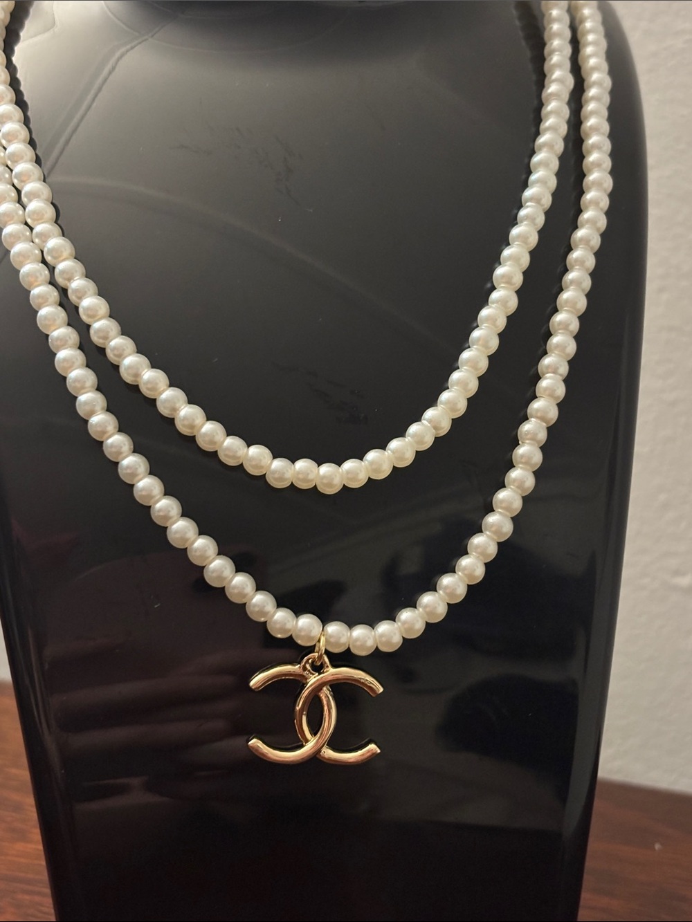 Hand made Necklace Double-Strand White Pearl Necklace with Gold Charm